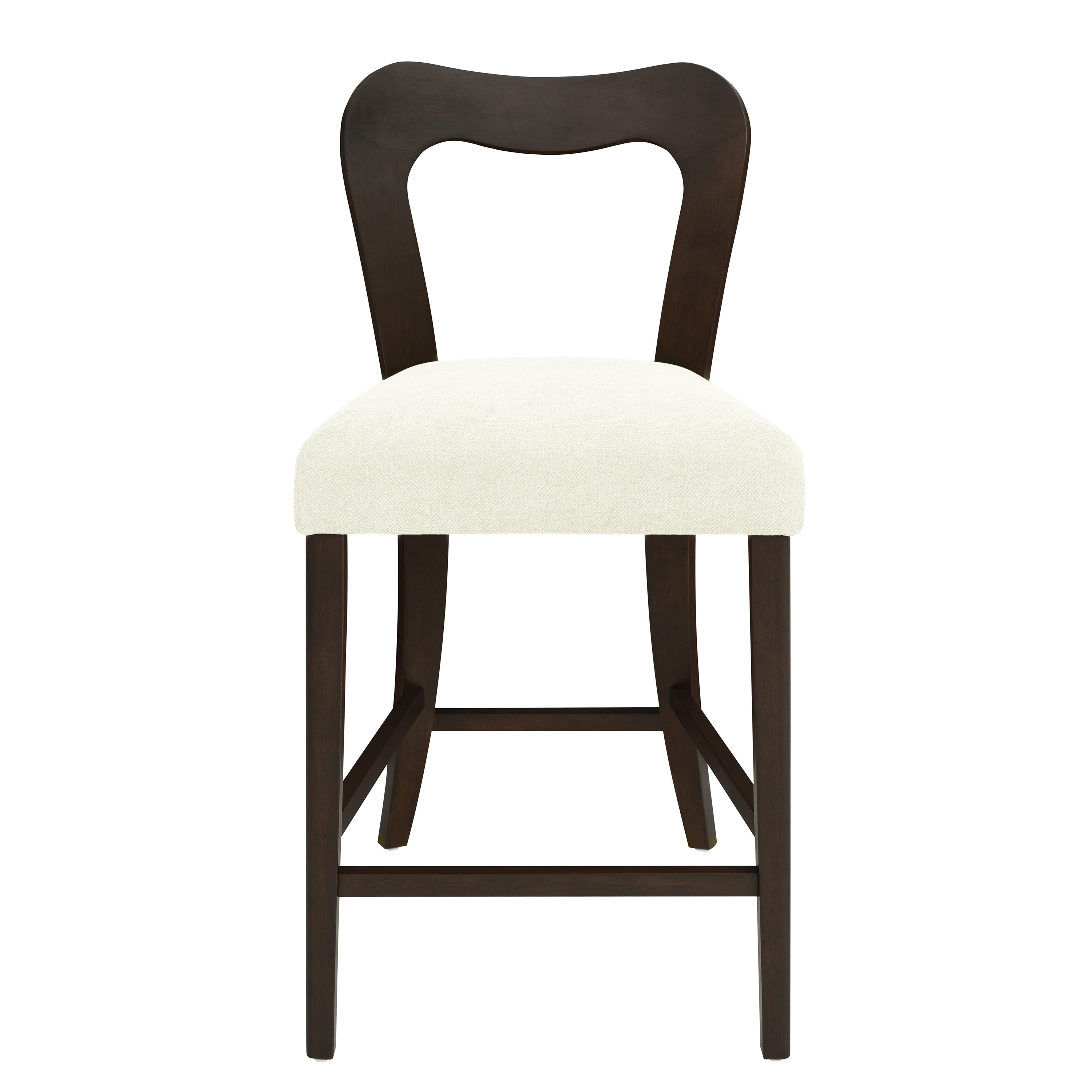 Front view of Counter Stool Set of 2 - Dark Brown + Beige with padded beige seat and contoured backrest for comfort.