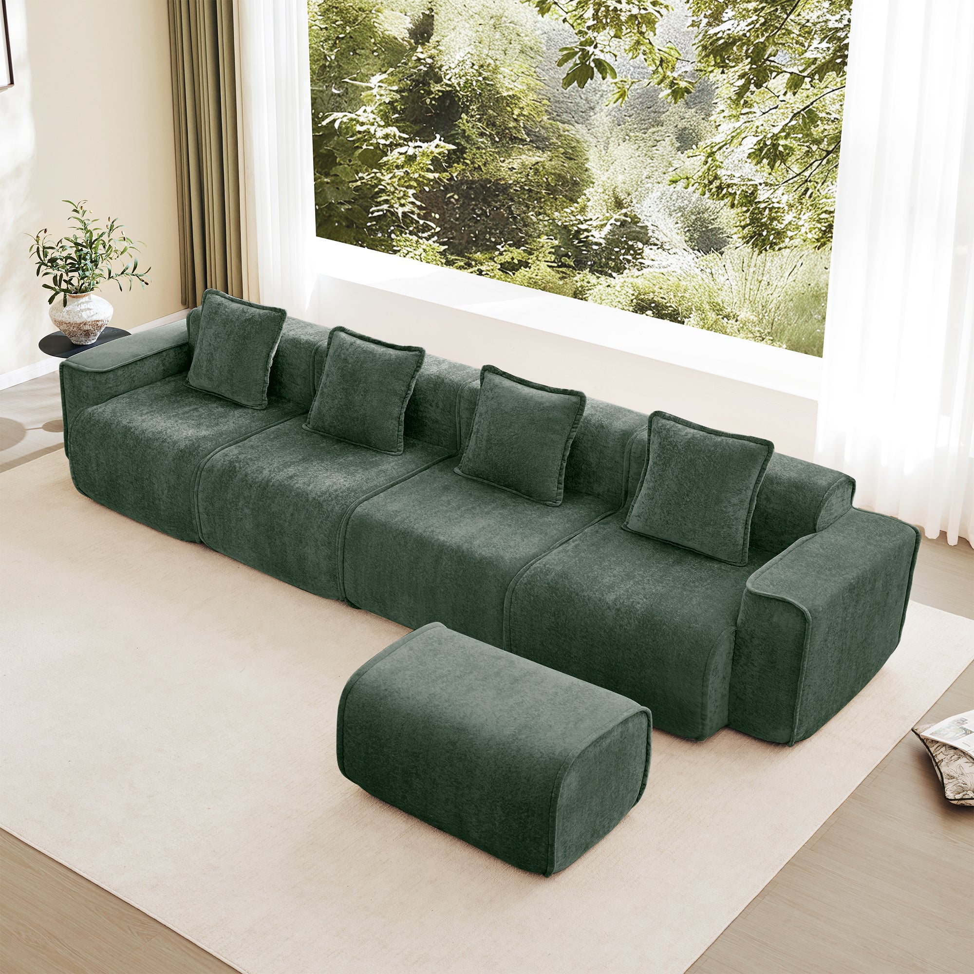 Modular velvet sofa with ottoman in forest green, featuring French piping and plush pillows, ideal for modern living rooms with no assembly needed.