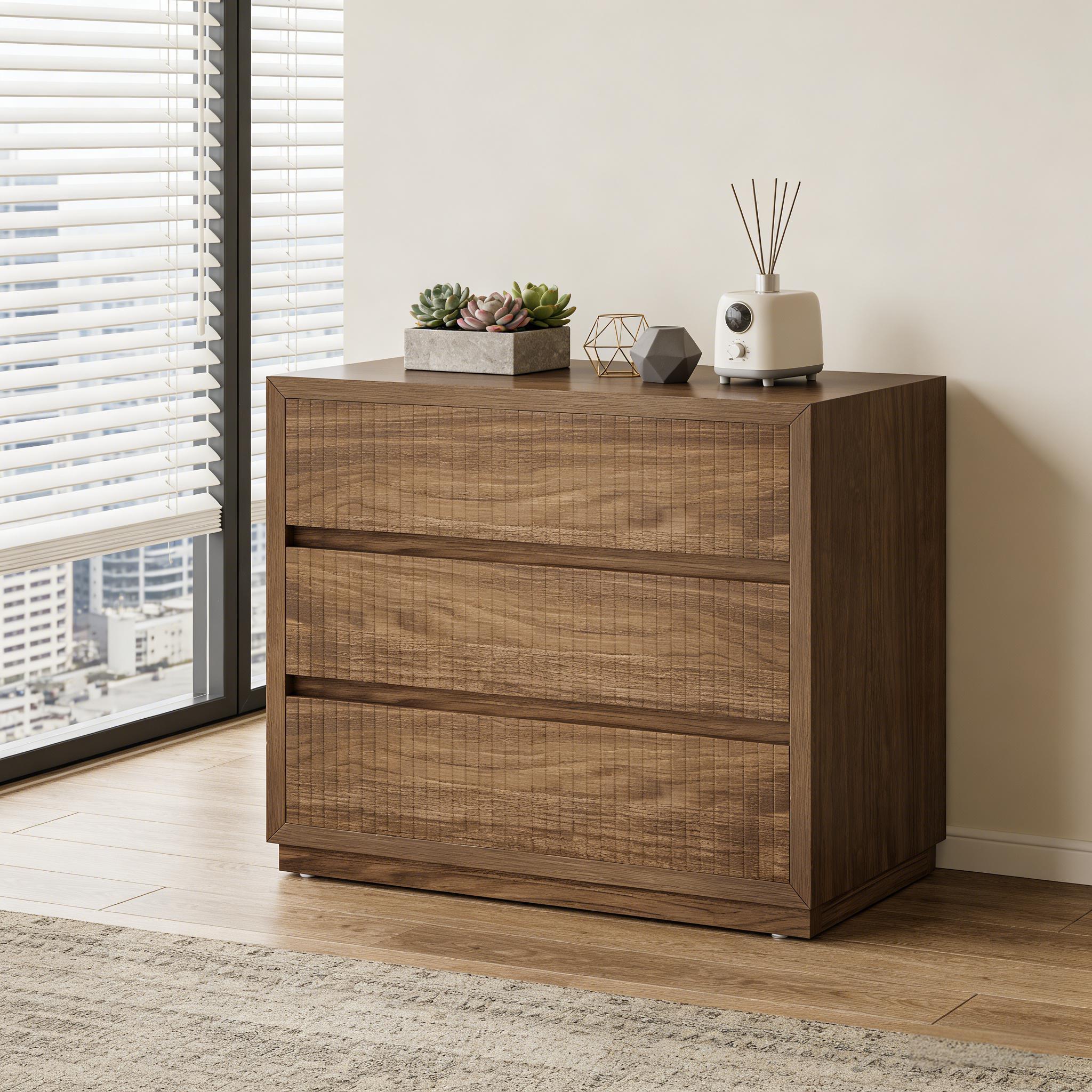 Vintage-style oversized wooden nightstand featuring three drawers with a textured, slatted front design.