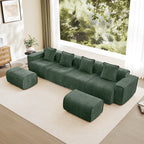 4 Seat Velvet Sofa in modular green design with two ottomans and throw pillows, ideal for cozy living room setups and modern interiors.