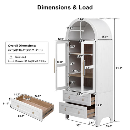 K&K 71' Tall Arched Kitchen Pantry Cabinet with 2 Large Drawers, Modern Farmhouse Kitchen Storage Cabinets with Adjustable Shelves, Glass Door, Wood Versatile Cupboard for Kitchens, Dining Room, White