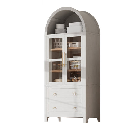 K&K 71' Tall Arched Kitchen Pantry Cabinet with 2 Large Drawers, Modern Farmhouse Kitchen Storage Cabinets with Adjustable Shelves, Glass Door, Wood Versatile Cupboard for Kitchens, Dining Room, White