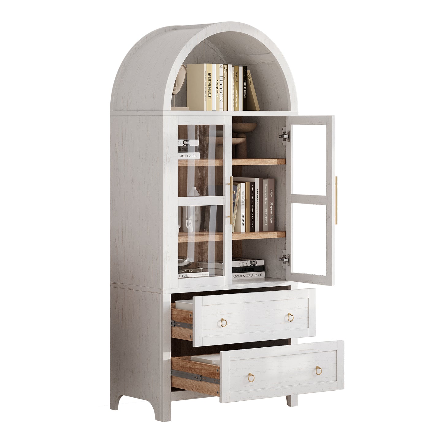 K&K 71' Tall Arched Kitchen Pantry Cabinet with 2 Large Drawers, Modern Farmhouse Kitchen Storage Cabinets with Adjustable Shelves, Glass Door, Wood Versatile Cupboard for Kitchens, Dining Room, White