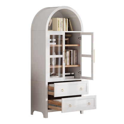 K&K 71' Tall Arched Kitchen Pantry Cabinet with 2 Large Drawers, Modern Farmhouse Kitchen Storage Cabinets with Adjustable Shelves, Glass Door, Wood Versatile Cupboard for Kitchens, Dining Room, White