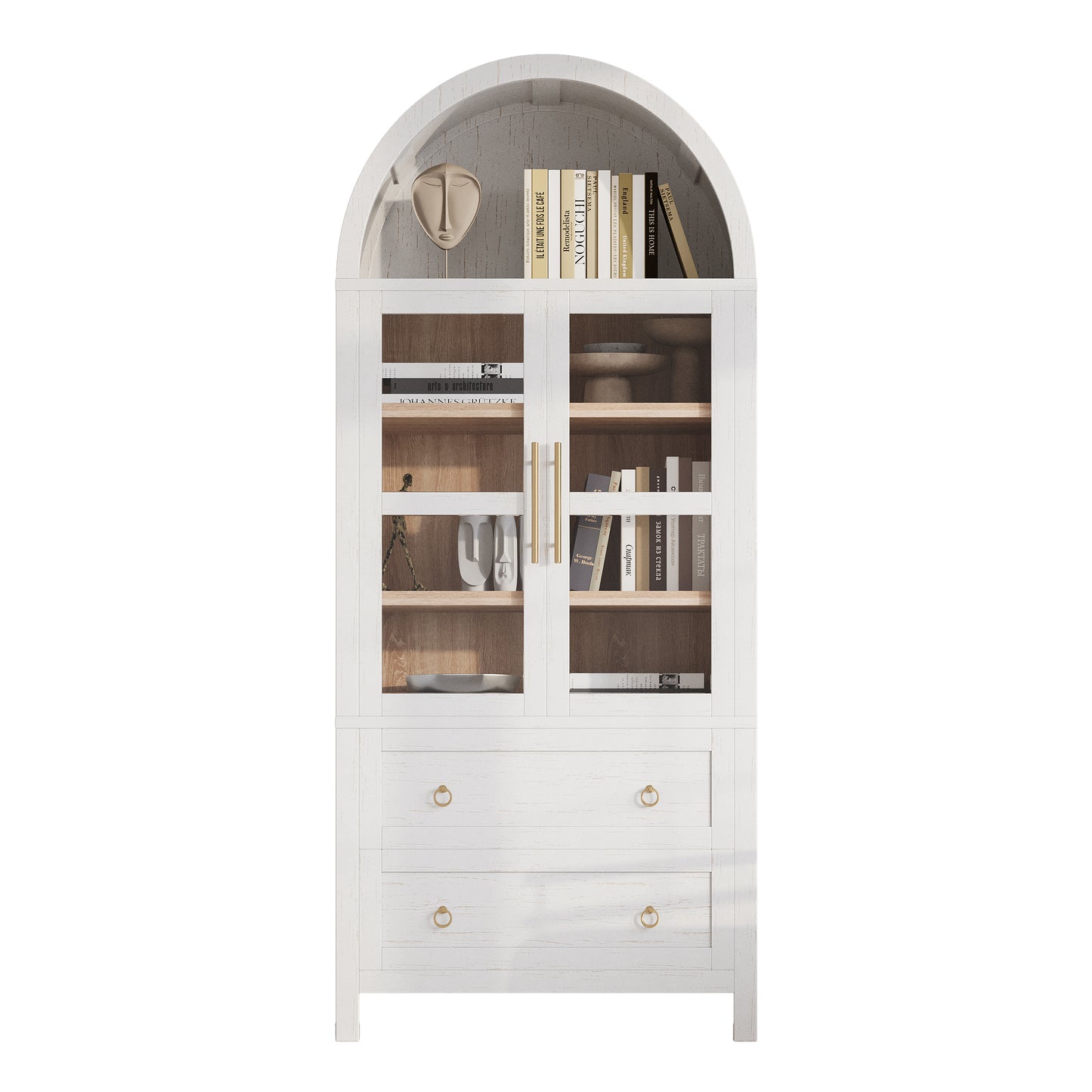 K&K 71' Tall Arched Kitchen Pantry Cabinet with 2 Large Drawers, Modern Farmhouse Kitchen Storage Cabinets with Adjustable Shelves, Glass Door, Wood Versatile Cupboard for Kitchens, Dining Room, White
