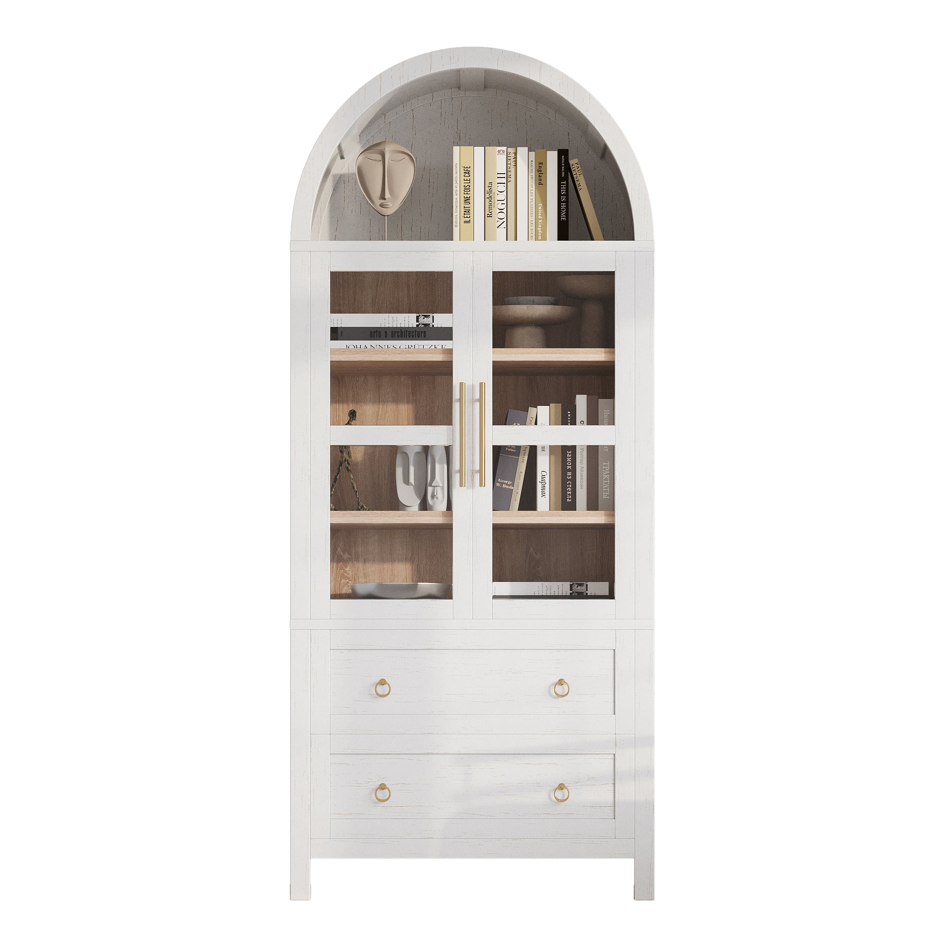K&K 71' Tall Arched Kitchen Pantry Cabinet with 2 Large Drawers, Modern Farmhouse Kitchen Storage Cabinets with Adjustable Shelves, Glass Door, Wood Versatile Cupboard for Kitchens, Dining Room, White