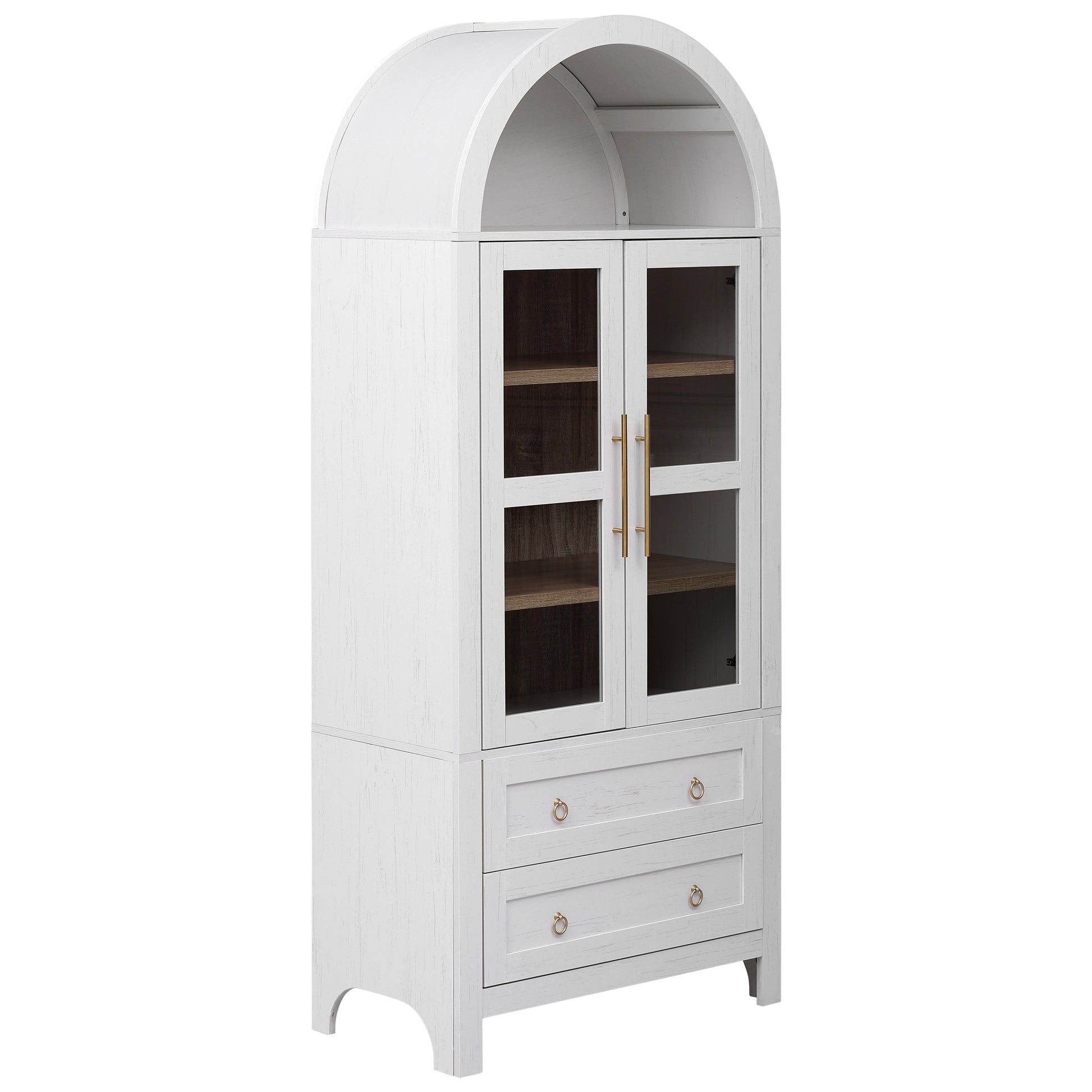 K&K 71' Tall Arched Kitchen Pantry Cabinet with 2 Large Drawers, Modern Farmhouse Kitchen Storage Cabinets with Adjustable Shelves, Glass Door, Wood Versatile Cupboard for Kitchens, Dining Room, White