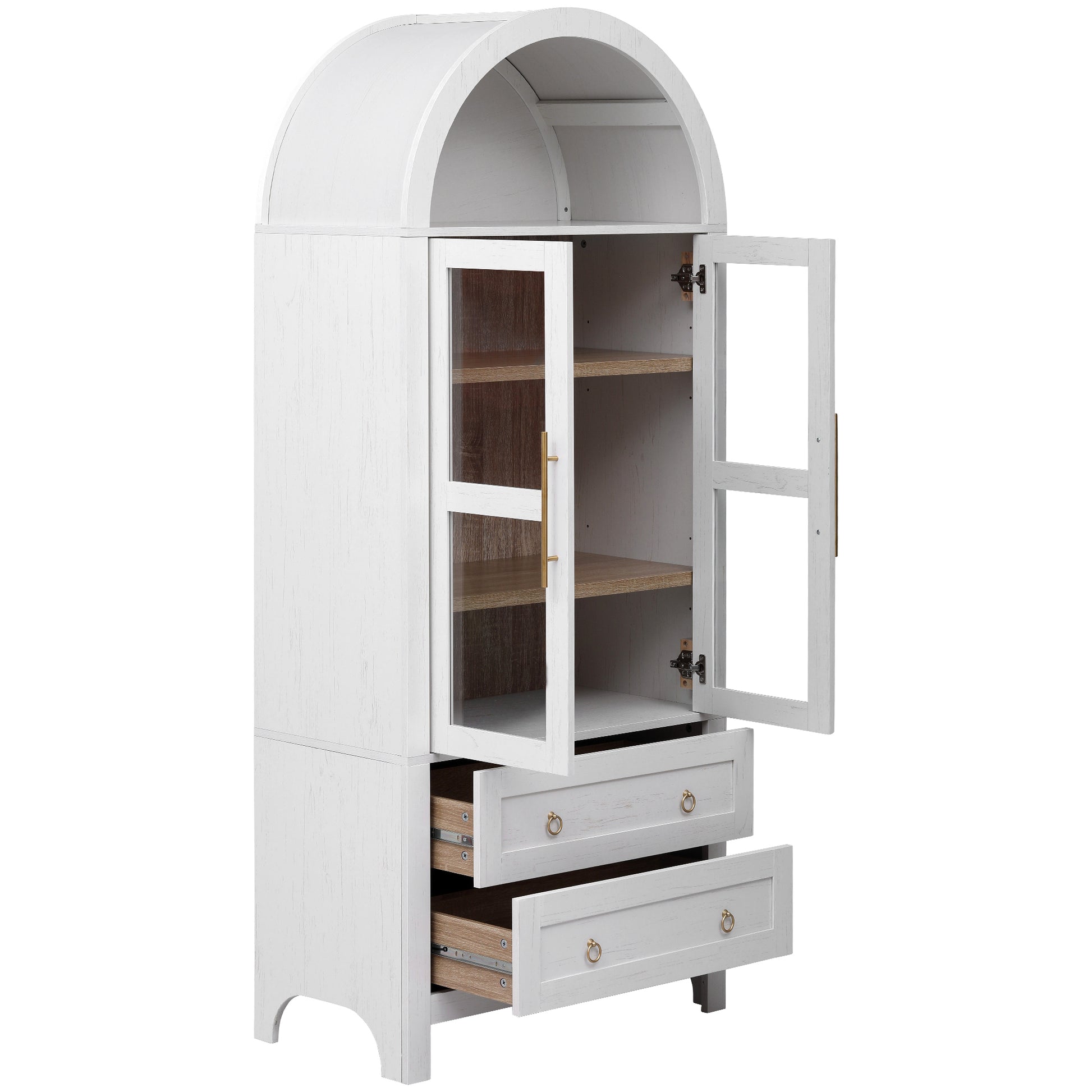 K&K 71' Tall Arched Kitchen Pantry Cabinet with 2 Large Drawers, Modern Farmhouse Kitchen Storage Cabinets with Adjustable Shelves, Glass Door, Wood Versatile Cupboard for Kitchens, Dining Room, White