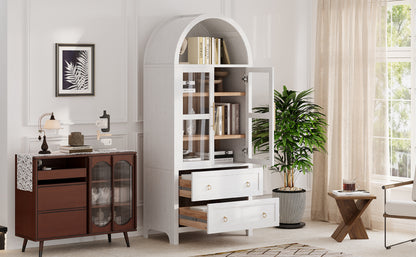 K&K 71' Tall Arched Kitchen Pantry Cabinet with 2 Large Drawers, Modern Farmhouse Kitchen Storage Cabinets with Adjustable Shelves, Glass Door, Wood Versatile Cupboard for Kitchens, Dining Room, White