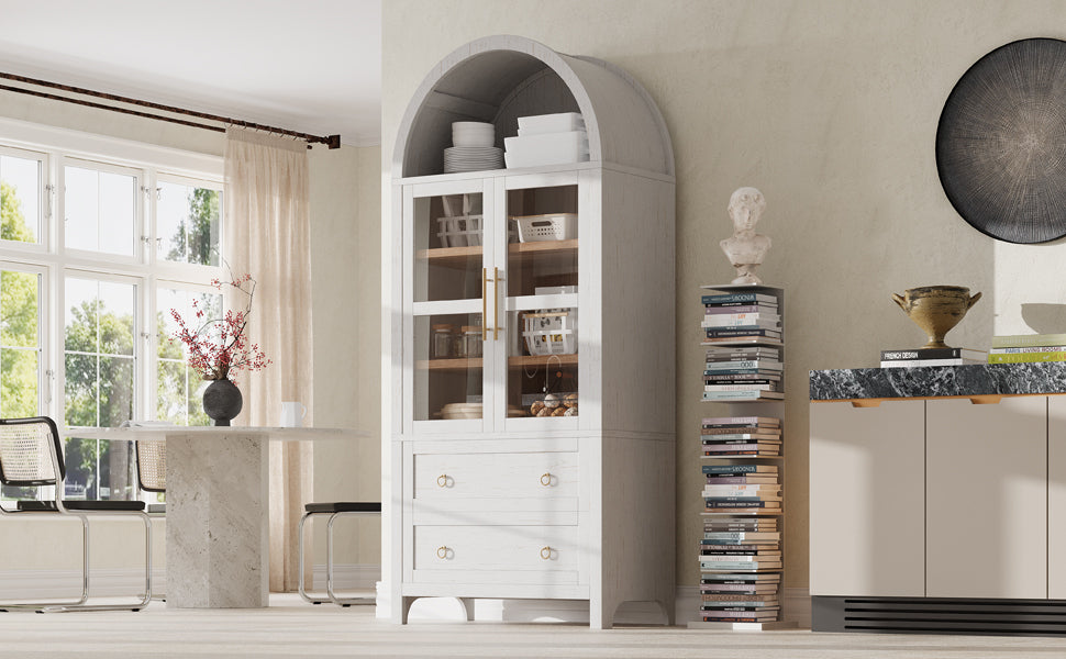 K&K 71' Tall Arched Kitchen Pantry Cabinet with 2 Large Drawers, Modern Farmhouse Kitchen Storage Cabinets with Adjustable Shelves, Glass Door, Wood Versatile Cupboard for Kitchens, Dining Room, White