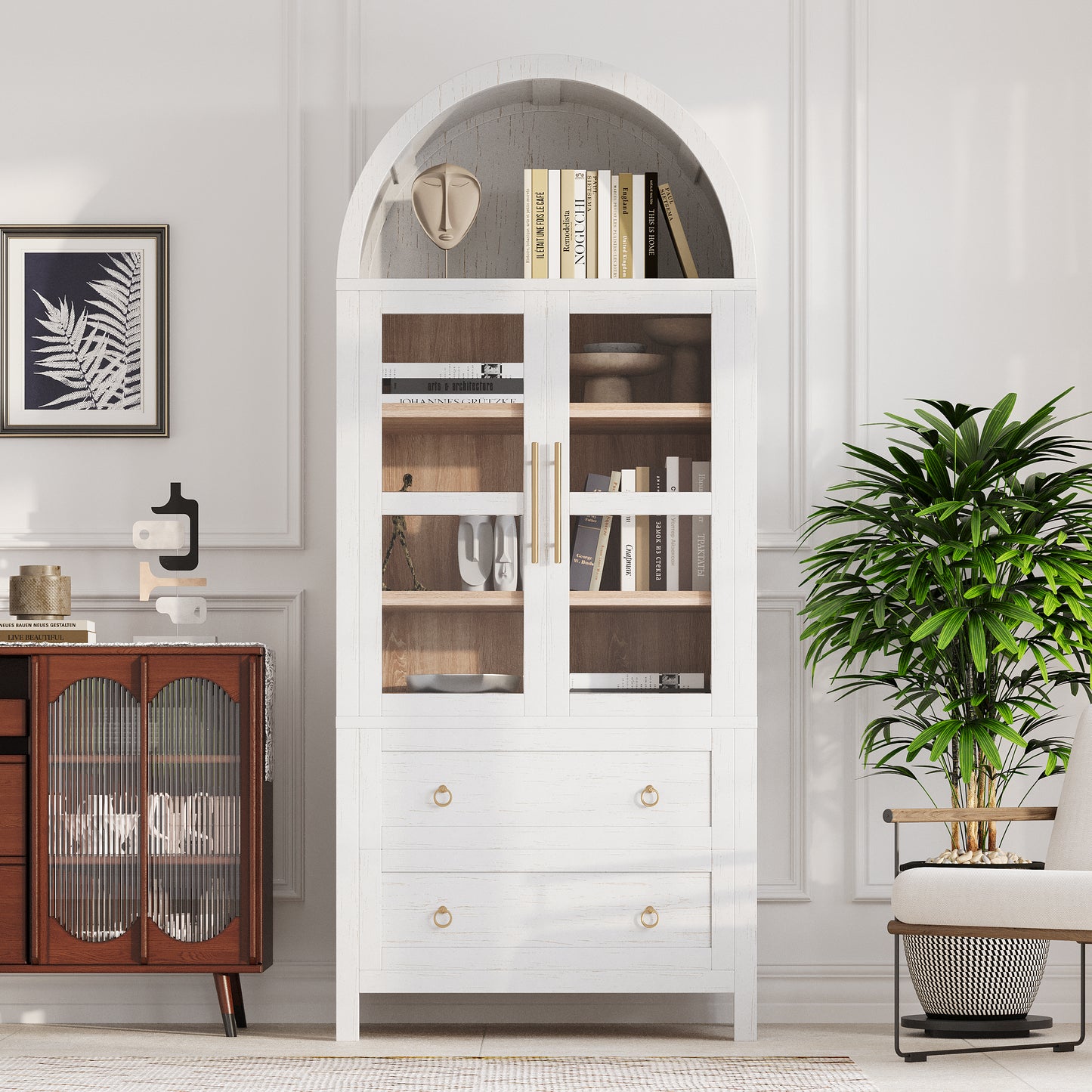 K&K 71' Tall Arched Kitchen Pantry Cabinet with 2 Large Drawers, Modern Farmhouse Kitchen Storage Cabinets with Adjustable Shelves, Glass Door, Wood Versatile Cupboard for Kitchens, Dining Room, White