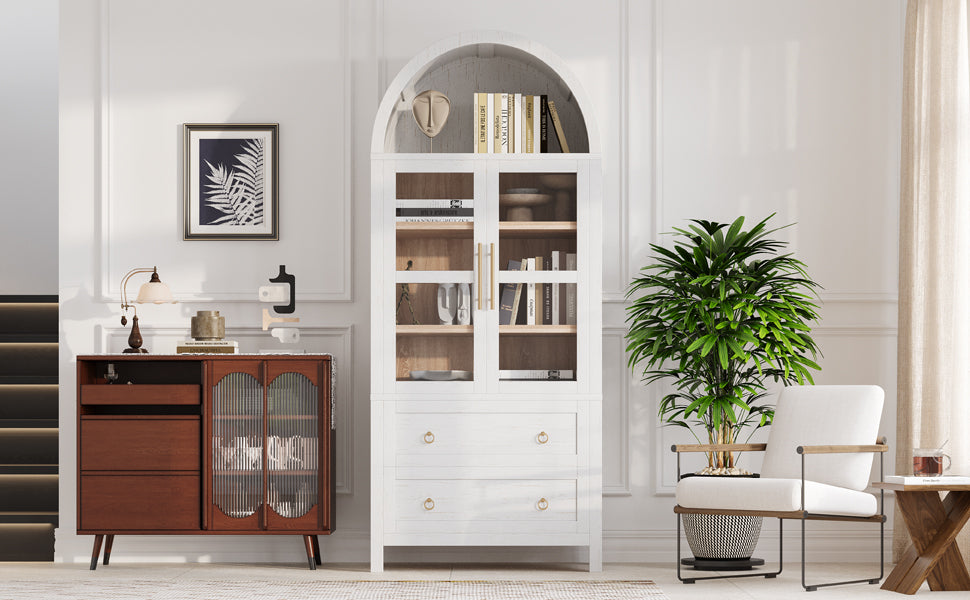 K&K 71' Tall Arched Kitchen Pantry Cabinet with 2 Large Drawers, Modern Farmhouse Kitchen Storage Cabinets with Adjustable Shelves, Glass Door, Wood Versatile Cupboard for Kitchens, Dining Room, White