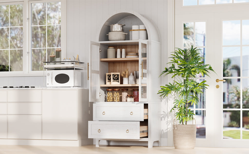 K&K 71' Tall Arched Kitchen Pantry Cabinet with 2 Large Drawers, Modern Farmhouse Kitchen Storage Cabinets with Adjustable Shelves, Glass Door, Wood Versatile Cupboard for Kitchens, Dining Room, White