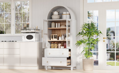 K&K 71' Tall Arched Kitchen Pantry Cabinet with 2 Large Drawers, Modern Farmhouse Kitchen Storage Cabinets with Adjustable Shelves, Glass Door, Wood Versatile Cupboard for Kitchens, Dining Room, White