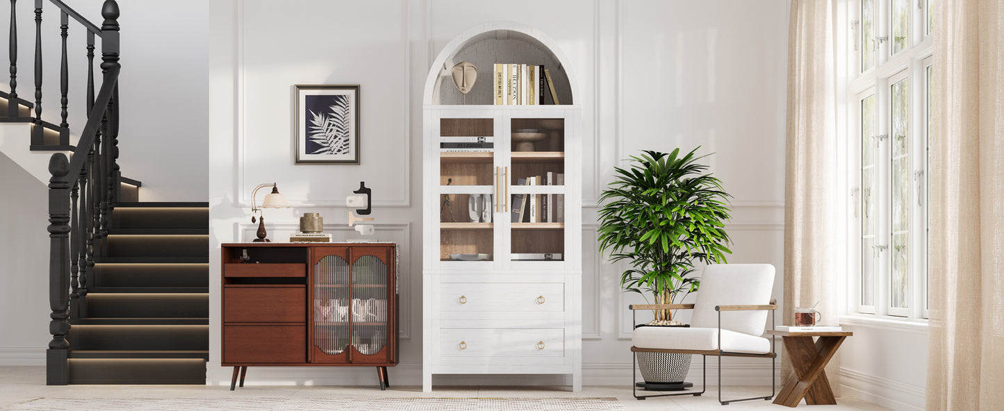 K&K 71' Tall Arched Kitchen Pantry Cabinet with 2 Large Drawers, Modern Farmhouse Kitchen Storage Cabinets with Adjustable Shelves, Glass Door, Wood Versatile Cupboard for Kitchens, Dining Room, White