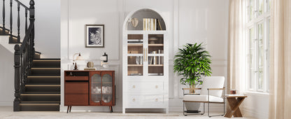 K&K 71' Tall Arched Kitchen Pantry Cabinet with 2 Large Drawers, Modern Farmhouse Kitchen Storage Cabinets with Adjustable Shelves, Glass Door, Wood Versatile Cupboard for Kitchens, Dining Room, White