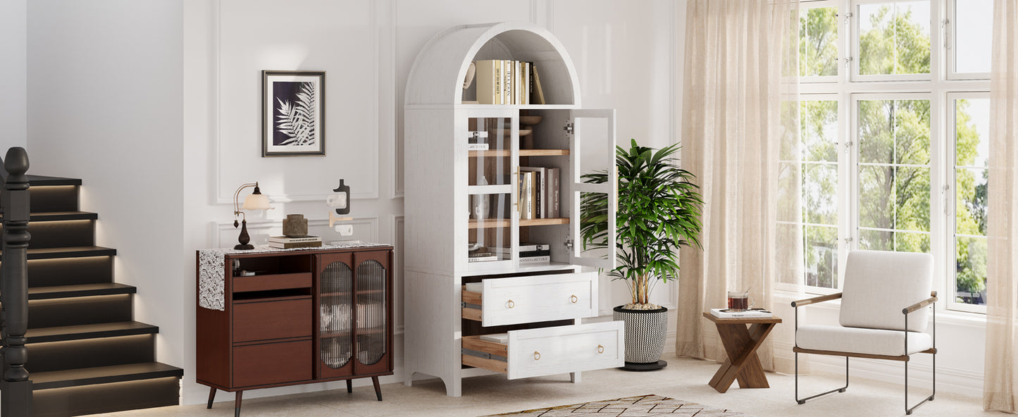 K&K 71' Tall Arched Kitchen Pantry Cabinet with 2 Large Drawers, Modern Farmhouse Kitchen Storage Cabinets with Adjustable Shelves, Glass Door, Wood Versatile Cupboard for Kitchens, Dining Room, White