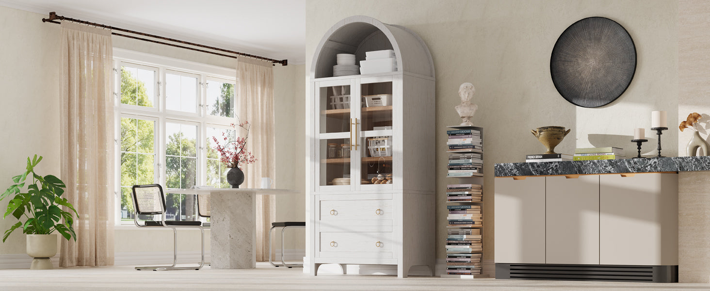 K&K 71' Tall Arched Kitchen Pantry Cabinet with 2 Large Drawers, Modern Farmhouse Kitchen Storage Cabinets with Adjustable Shelves, Glass Door, Wood Versatile Cupboard for Kitchens, Dining Room, White