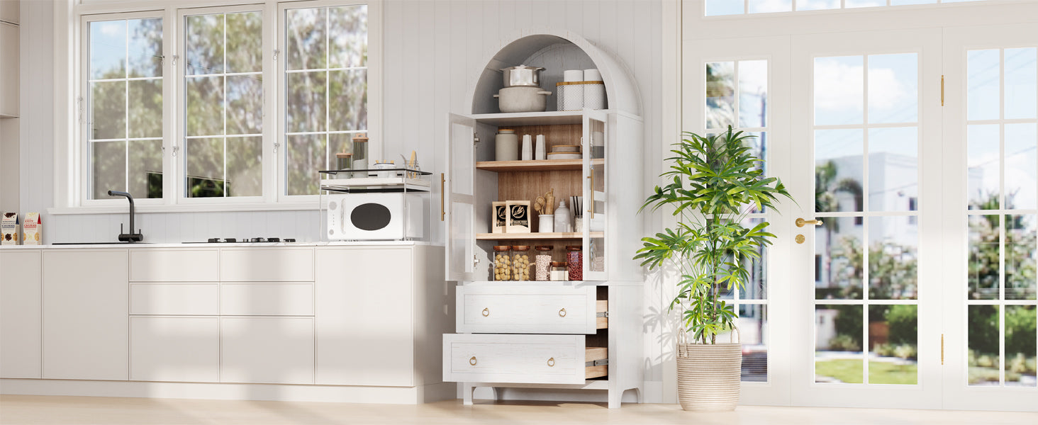 K&K 71' Tall Arched Kitchen Pantry Cabinet with 2 Large Drawers, Modern Farmhouse Kitchen Storage Cabinets with Adjustable Shelves, Glass Door, Wood Versatile Cupboard for Kitchens, Dining Room, White