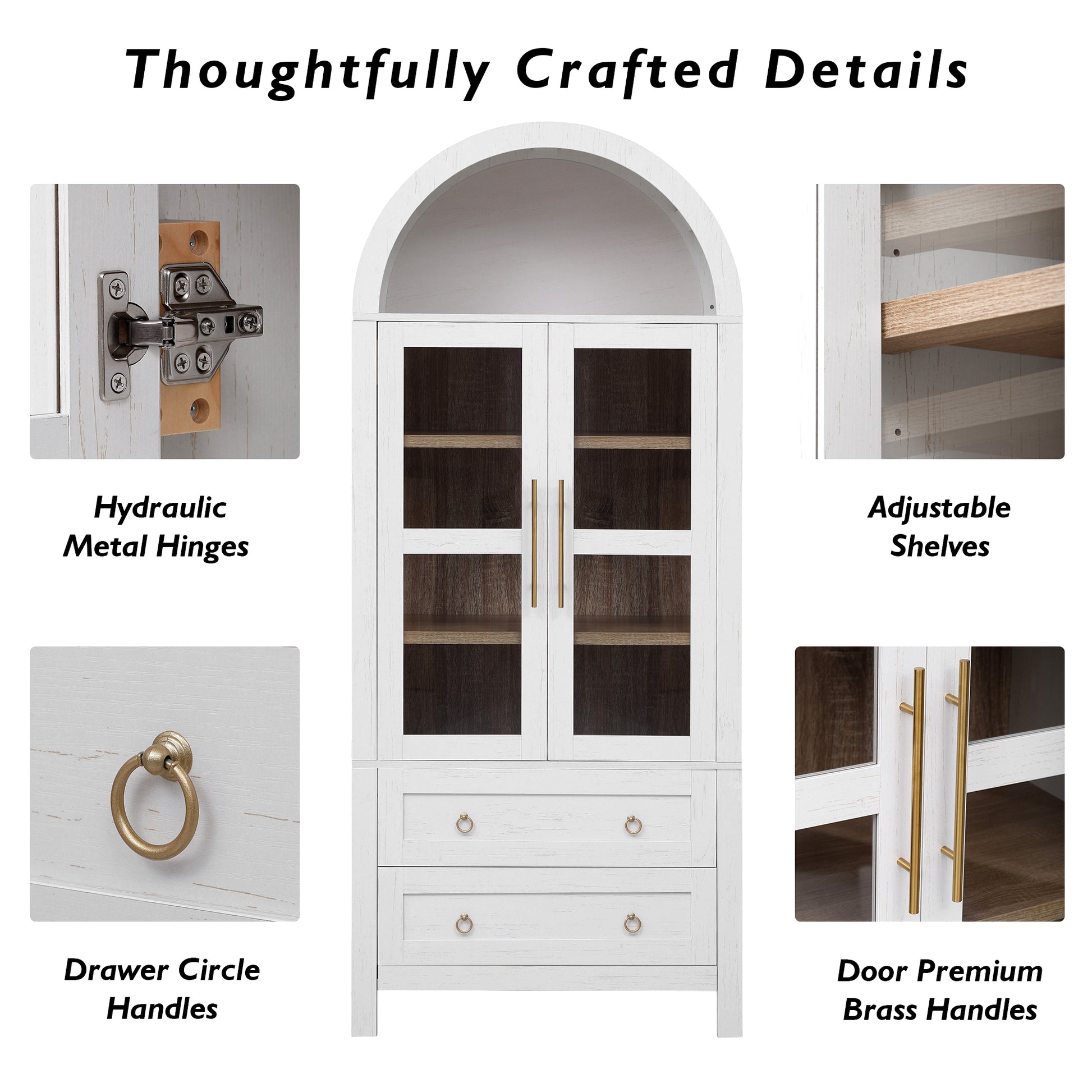 K&K 71' Tall Arched Kitchen Pantry Cabinet with 2 Large Drawers, Modern Farmhouse Kitchen Storage Cabinets with Adjustable Shelves, Glass Door, Wood Versatile Cupboard for Kitchens, Dining Room, White