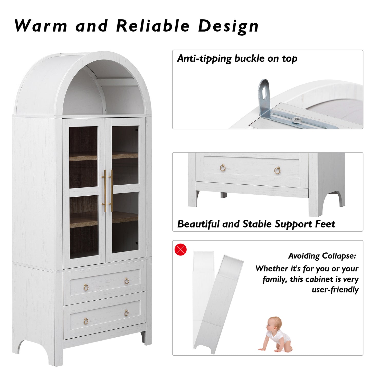 K&K 71' Tall Arched Kitchen Pantry Cabinet with 2 Large Drawers, Modern Farmhouse Kitchen Storage Cabinets with Adjustable Shelves, Glass Door, Wood Versatile Cupboard for Kitchens, Dining Room, White