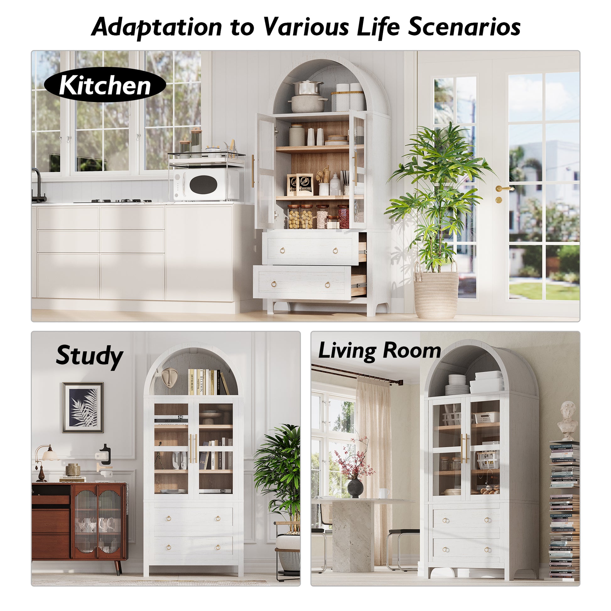 K&K 71' Tall Arched Kitchen Pantry Cabinet with 2 Large Drawers, Modern Farmhouse Kitchen Storage Cabinets with Adjustable Shelves, Glass Door, Wood Versatile Cupboard for Kitchens, Dining Room, White