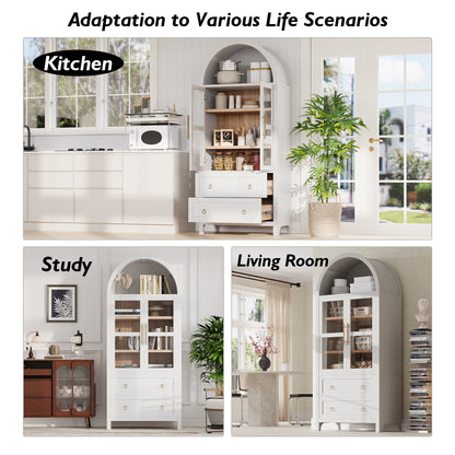 K&K 71' Tall Arched Kitchen Pantry Cabinet with 2 Large Drawers, Modern Farmhouse Kitchen Storage Cabinets with Adjustable Shelves, Glass Door, Wood Versatile Cupboard for Kitchens, Dining Room, White
