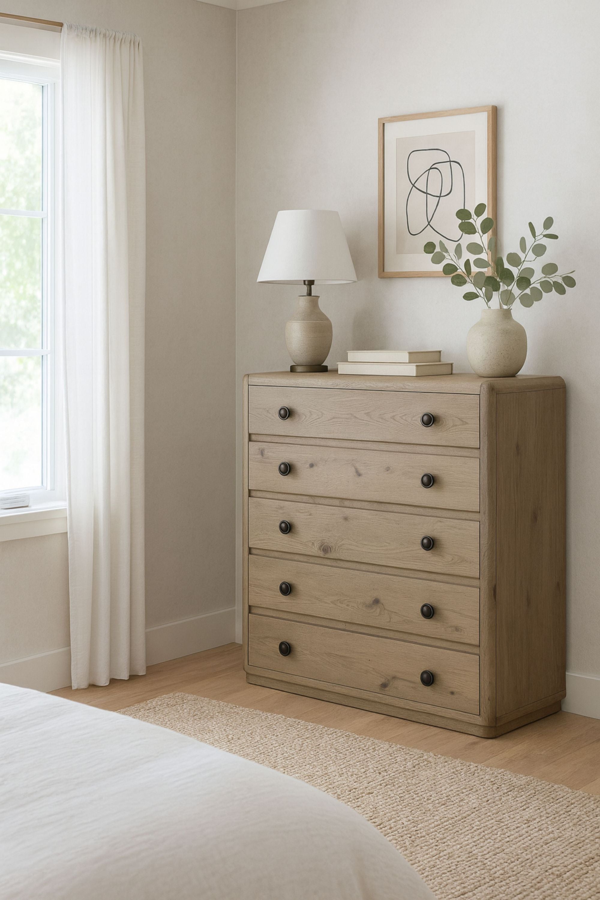 English Knotty Oak Chest styled in a modern bedroom with natural light, showcasing its rustic charm and functional storage design.