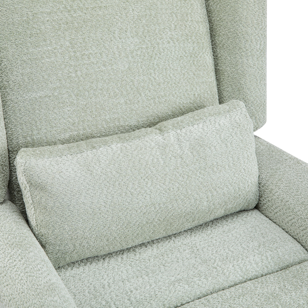 Close-up of lumbar cushion on boucle upholstered swivel recliner chair, emphasizing plush texture and ergonomic support.
