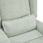 Close-up of lumbar cushion on boucle upholstered swivel recliner chair, emphasizing plush texture and ergonomic support.