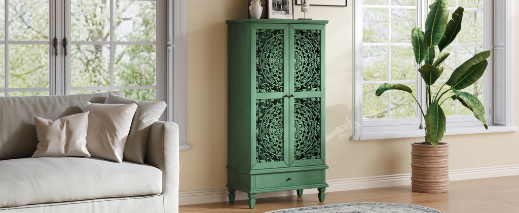 Antique Green Storage Cabinet - 55'' Tall w/ Drawer styled in a bright living room, adding vintage charm and storage.