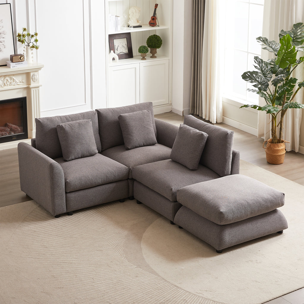 Top view of modular sofa with ottoman in gray fabric, arranged in a compact L-shape for small living rooms or apartments.
