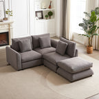 Top view of modular sofa with ottoman in gray fabric, arranged in a compact L-shape for small living rooms or apartments.