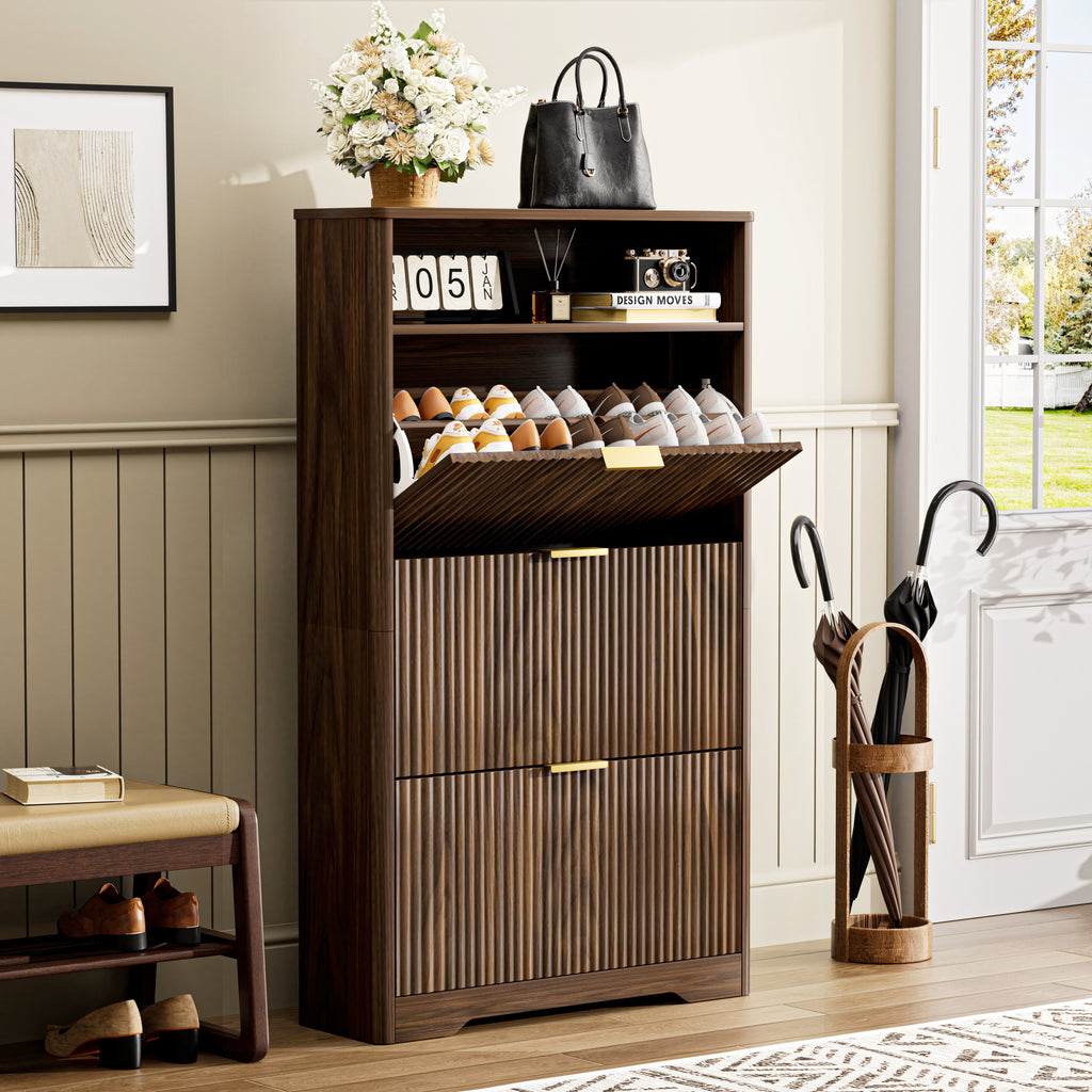 Walnut Shoe Cabinet with Flip Drawers for Entryway Storage
