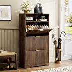 Walnut Shoe Cabinet with Flip Drawers for Entryway Storage