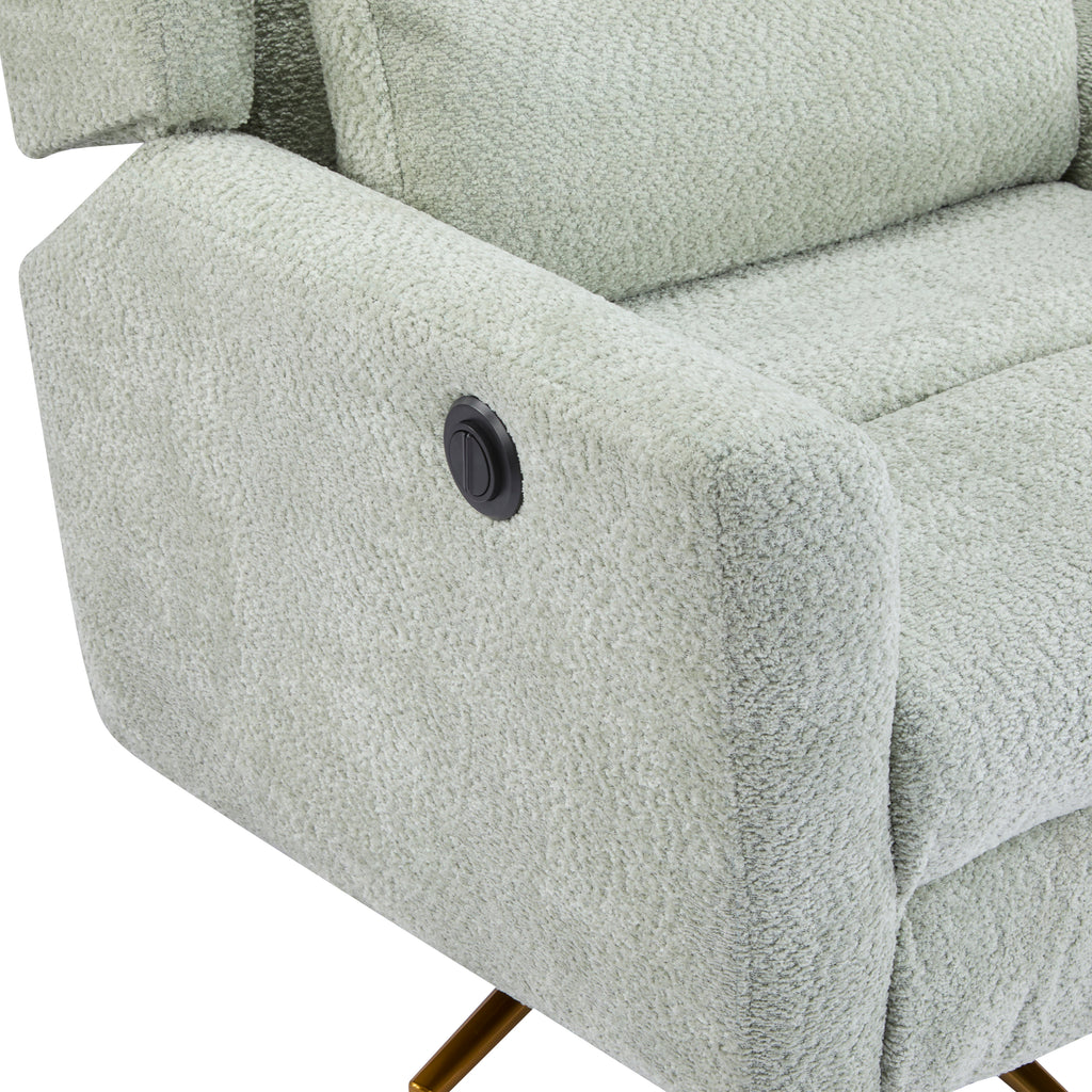 Detail of power control button on armrest of boucle swivel recliner chair, designed for easy reclining adjustment.