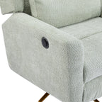 Detail of power control button on armrest of boucle swivel recliner chair, designed for easy reclining adjustment.