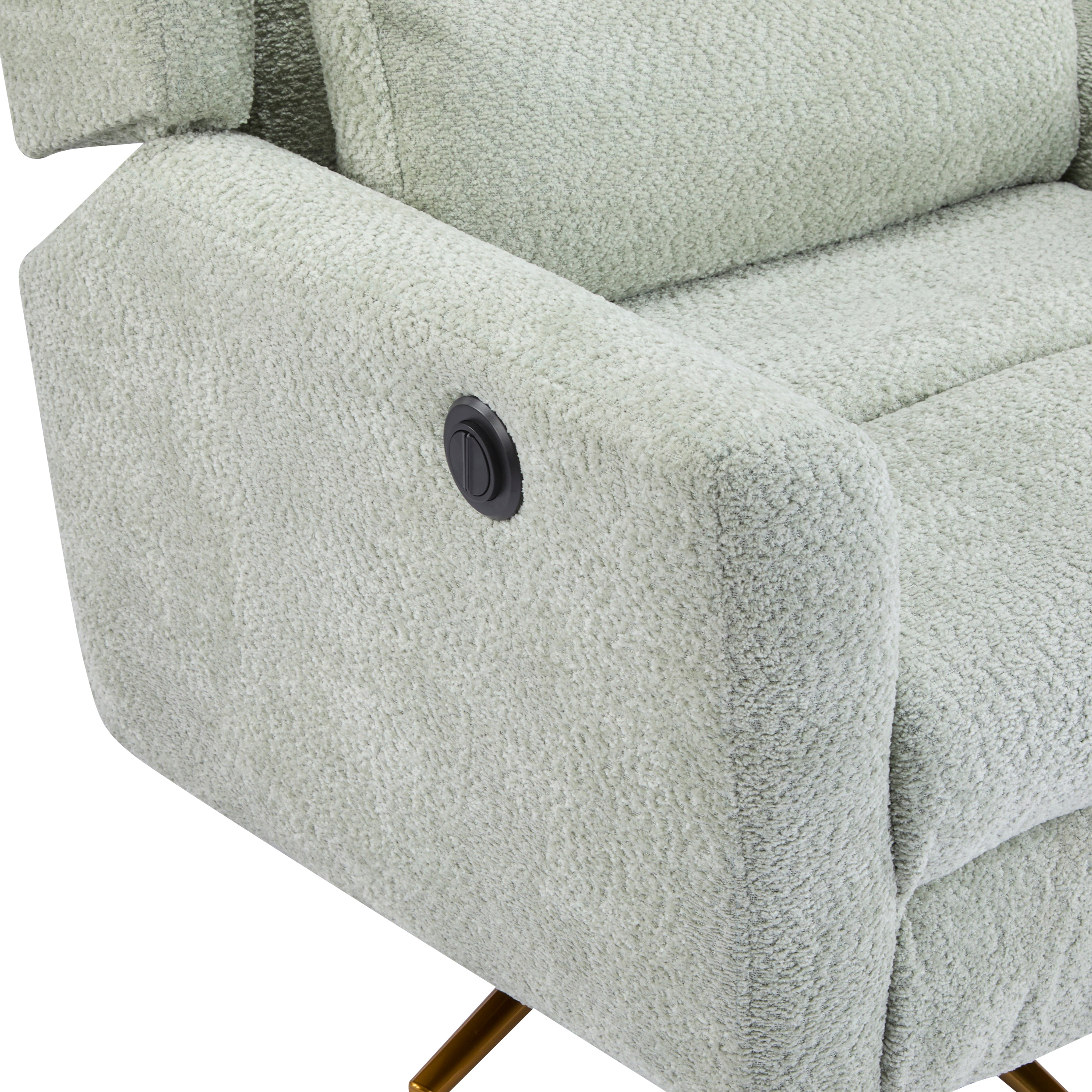 Detail of power control button on armrest of boucle swivel recliner chair, designed for easy reclining adjustment.