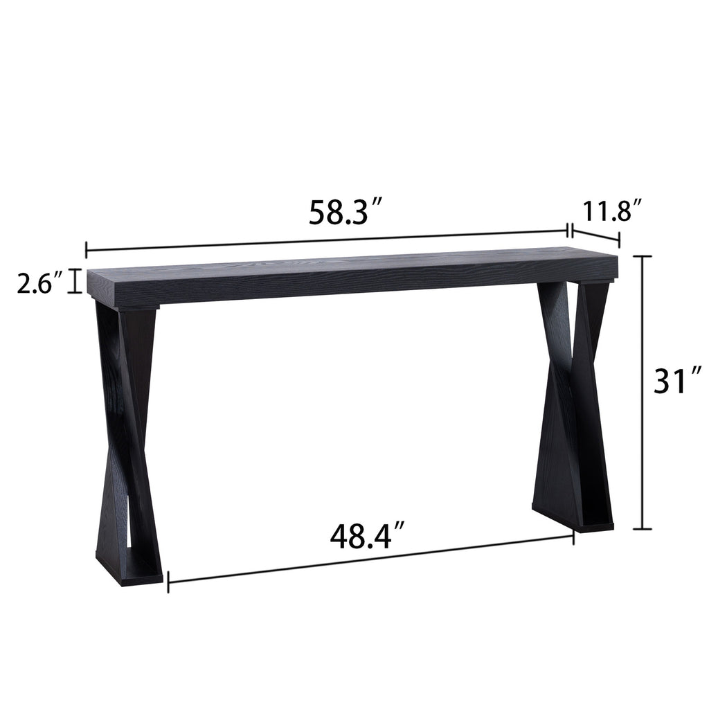 Dimension diagram of modern black console table showing 58.3-inch length, 11.8-inch depth, and 31-inch height.