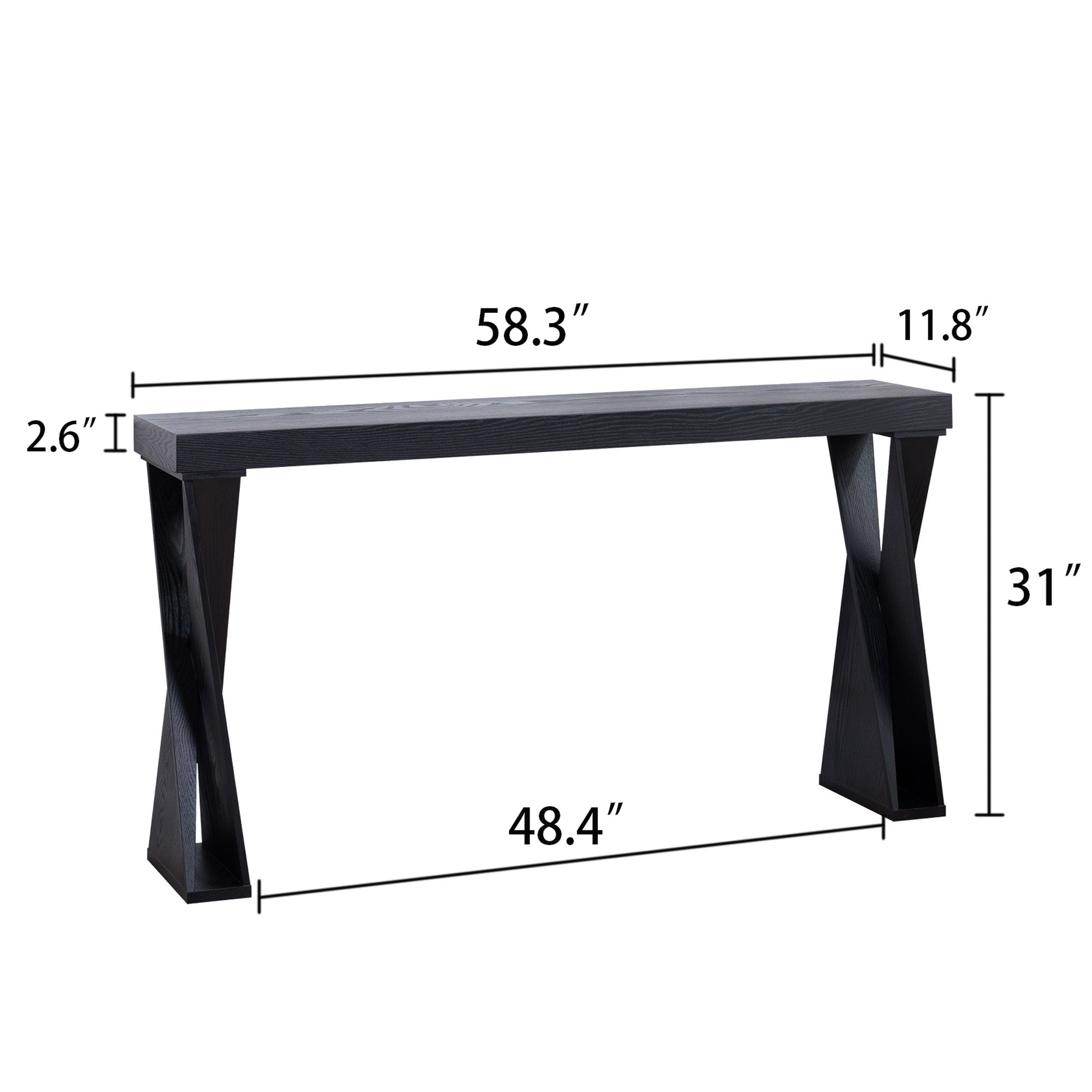 Dimension diagram of modern black console table showing 58.3-inch length, 11.8-inch depth, and 31-inch height.