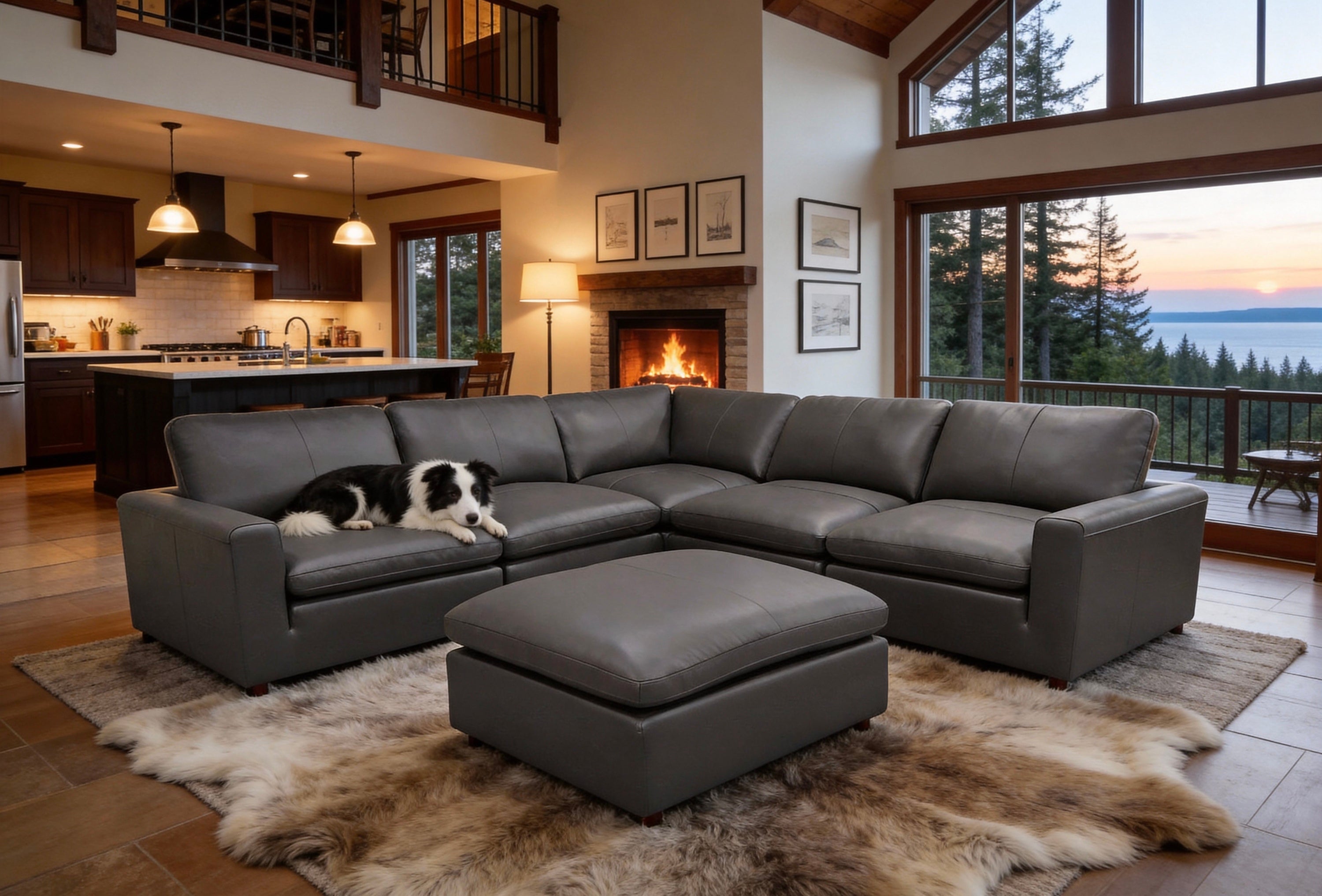 Blue Gray Leather Match L-Shaped Sectional Sofa with 6 Seats