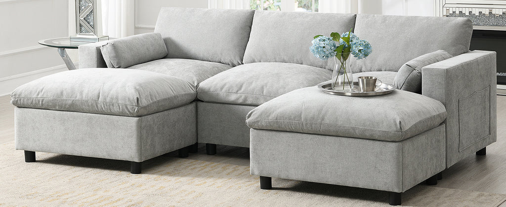 Chenille Modular Sofa - U-Shaped Couch with Storage in a modern living room, includes removable ottomans and plush cushions for 5-seat comfort.