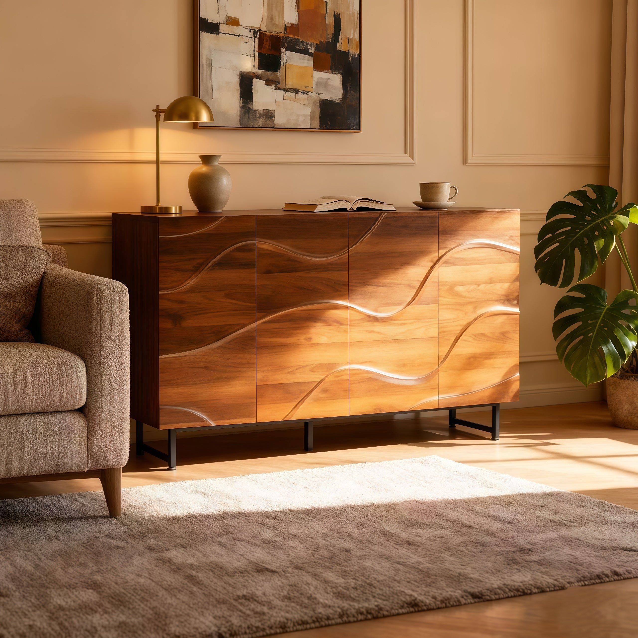 Wood Sideboard with Wave Design & Storage
