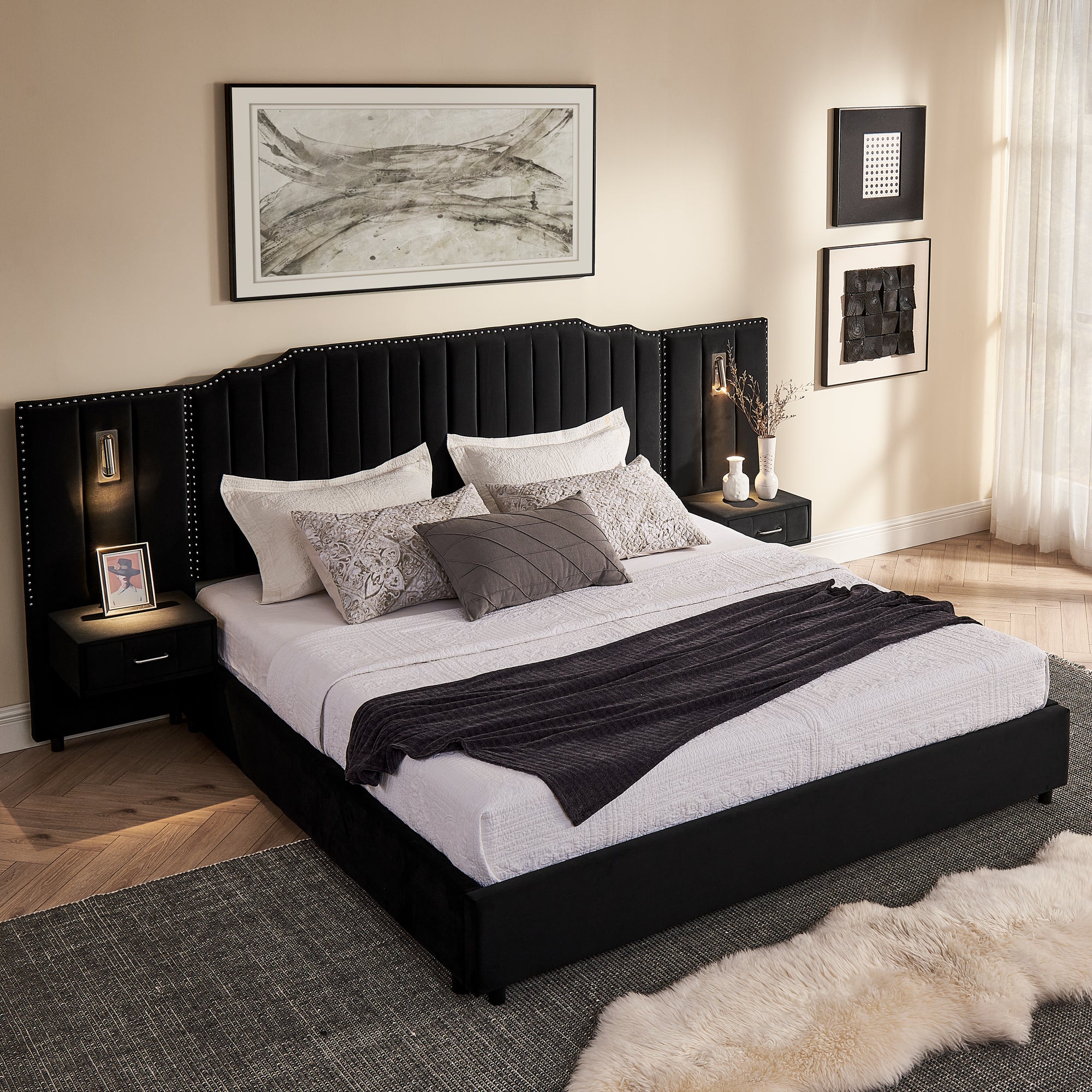 Luxurious King Size Upholstered Bed Frame in Black Velvet featuring button-tufted headboard and sleek side tables with drawers.