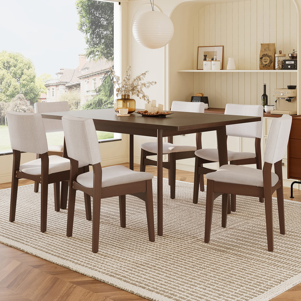 Modern Walnut Finish Dining Set with 6 upholstered chairs and rectangular wood table, ideal for stylish kitchen or dining room settings.