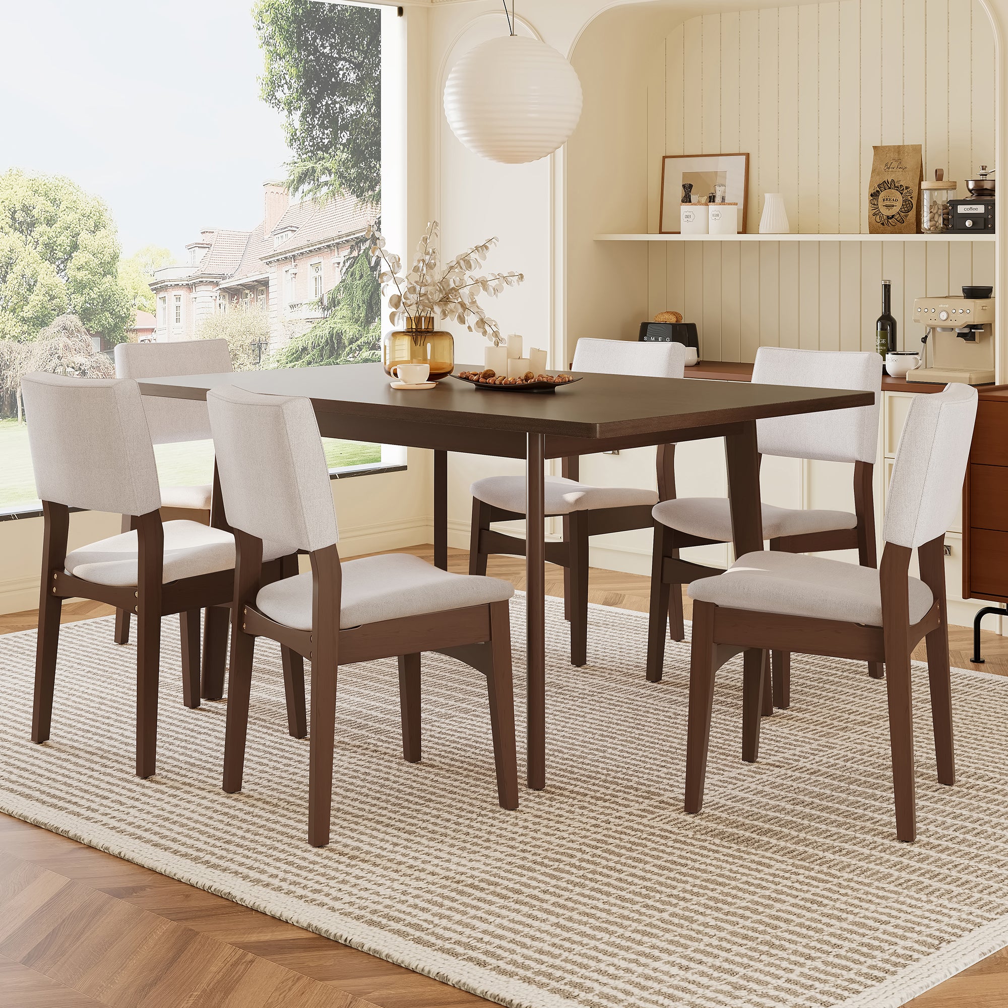 Modern Walnut Finish Dining Set with 6 upholstered chairs and rectangular wood table, ideal for stylish kitchen or dining room settings.