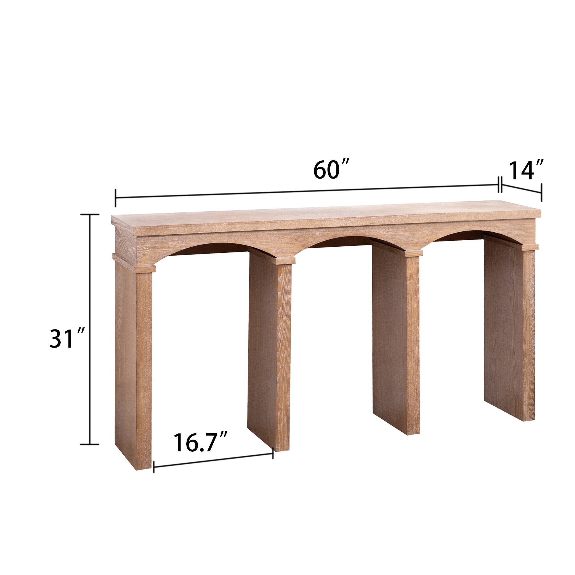 Rustic Archway Console Table dimensions: 60 inches long, 14 inches deep, and 31 inches high, perfect for narrow spaces.