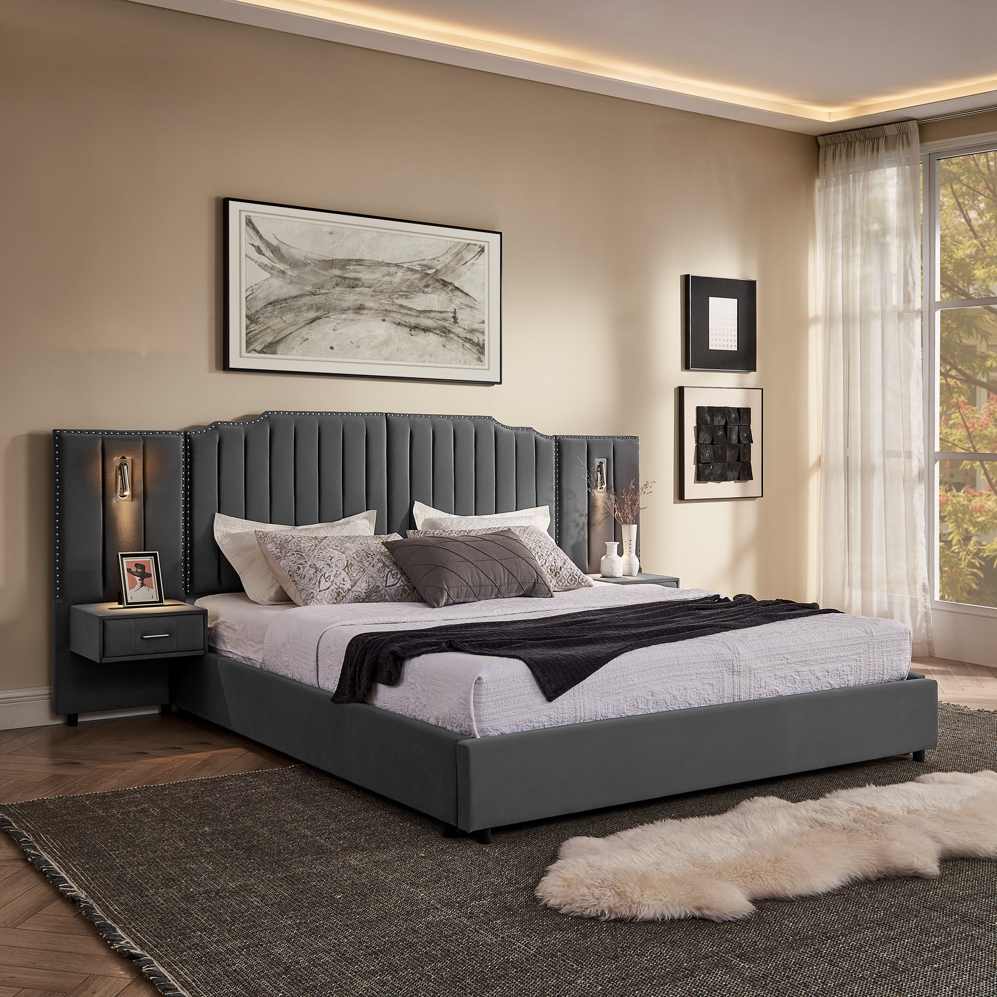King size velvet bed frame with tall vertical-stitched headboard, built-in nightstands, and adjustable reading lamps in modern bedroom.