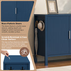Close-up of navy sideboard's wave-pattern doors and scratch-resistant top, highlighting its modern design and durability.