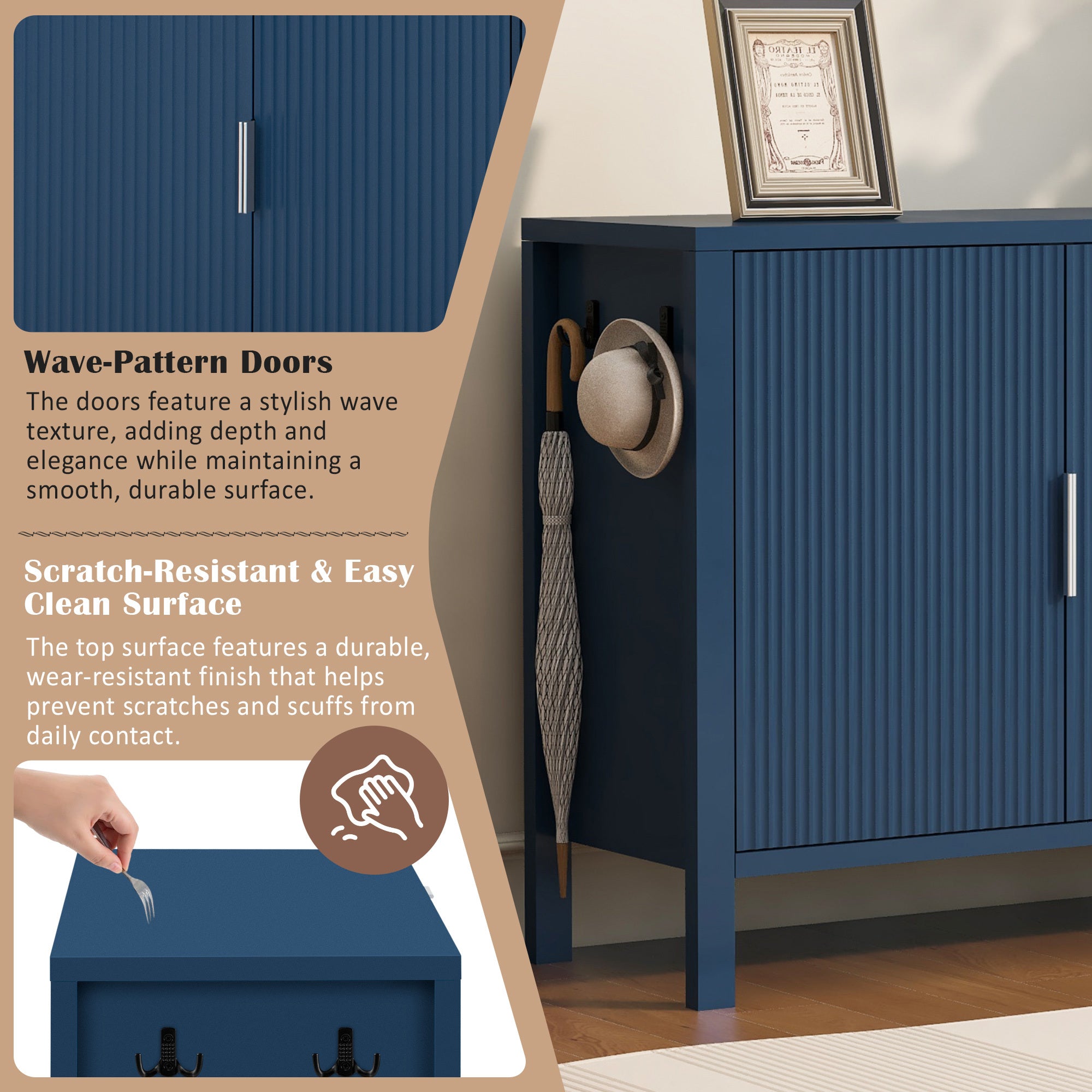 Close-up of navy sideboard's wave-pattern doors and scratch-resistant top, highlighting its modern design and durability.